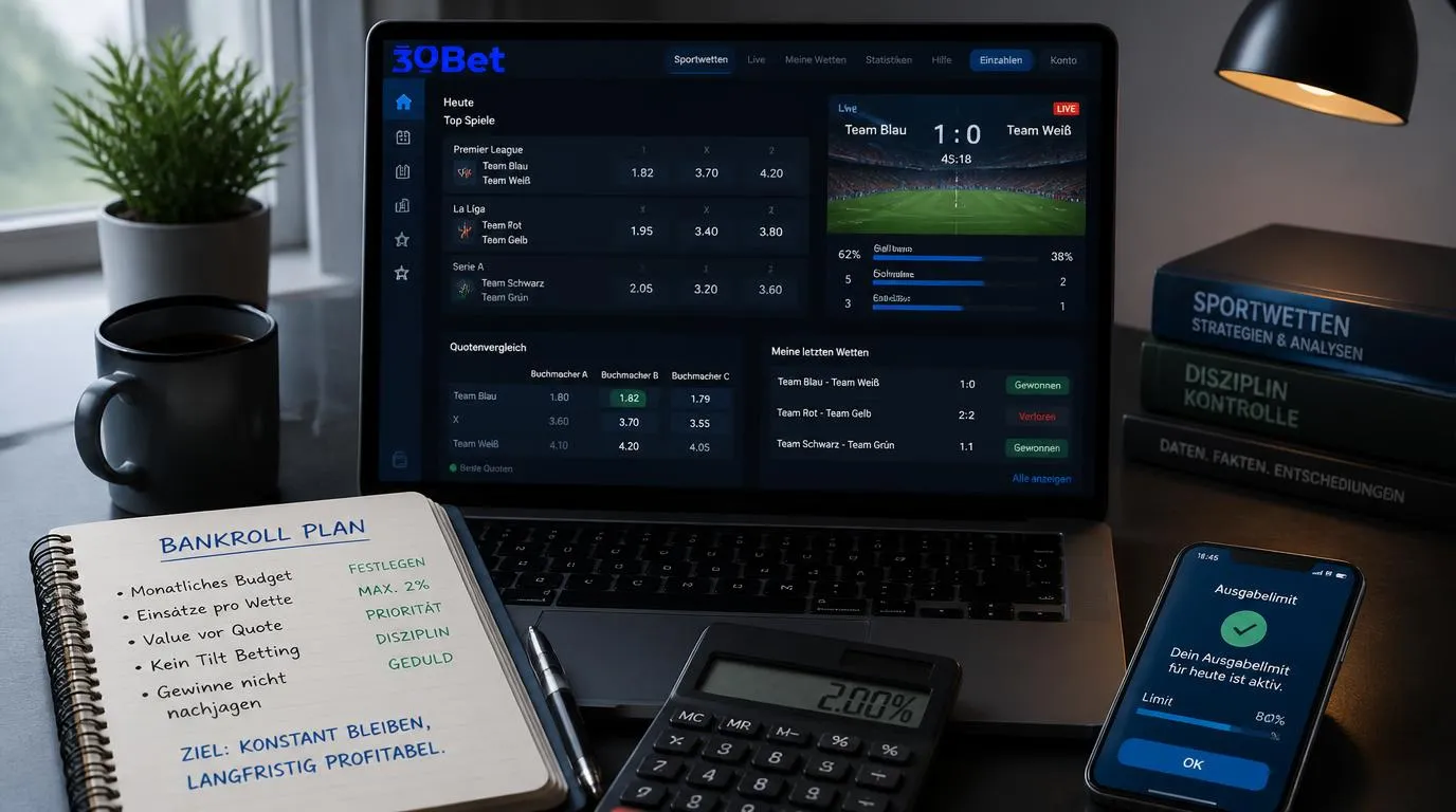 Sportwetten-Analyse mit Quotenvergleich, Wettprotokoll und festem Einsatzbudget auf einem Laptop