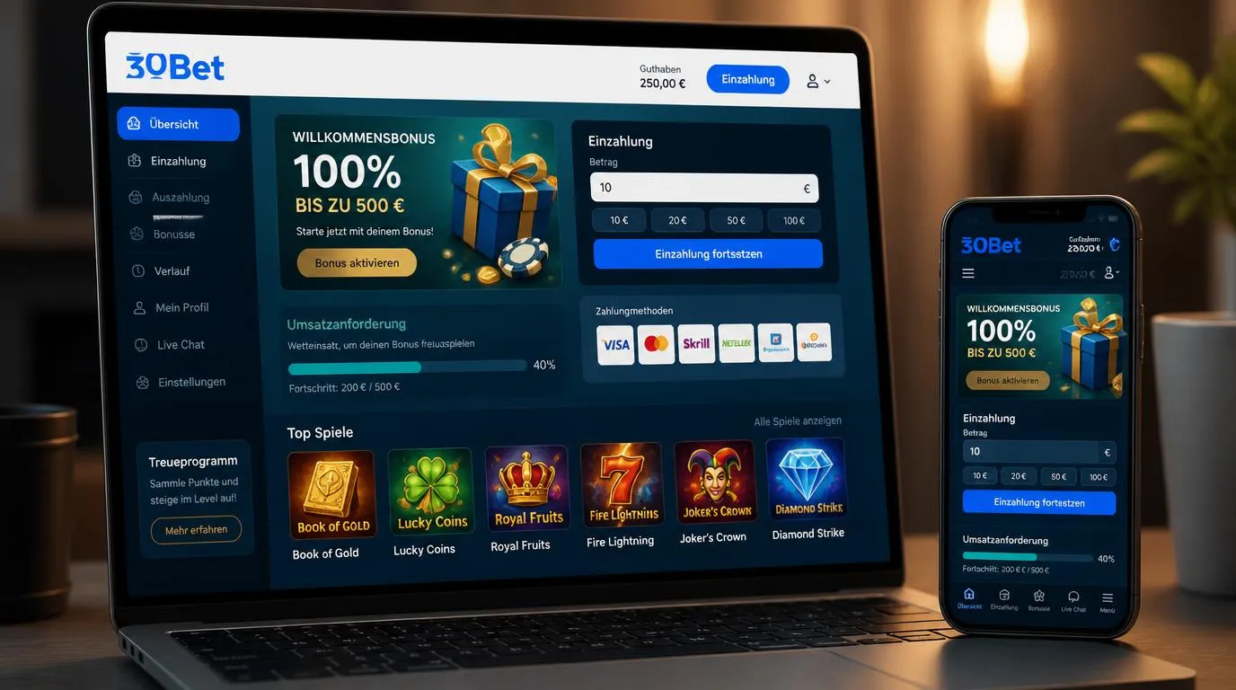 Casino-Kontobereich mit ausgewähltem Willkommensbonus, Einzahlung und Fortschrittsanzeige für Umsatzbedingungen