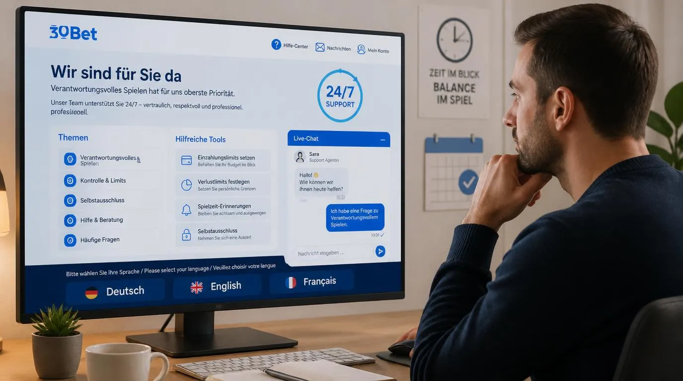 Mehrsprachiger Casino-Kundensupport mit rund um die Uhr erreichbarem Chat und klarer Spielerschutz-Ansicht