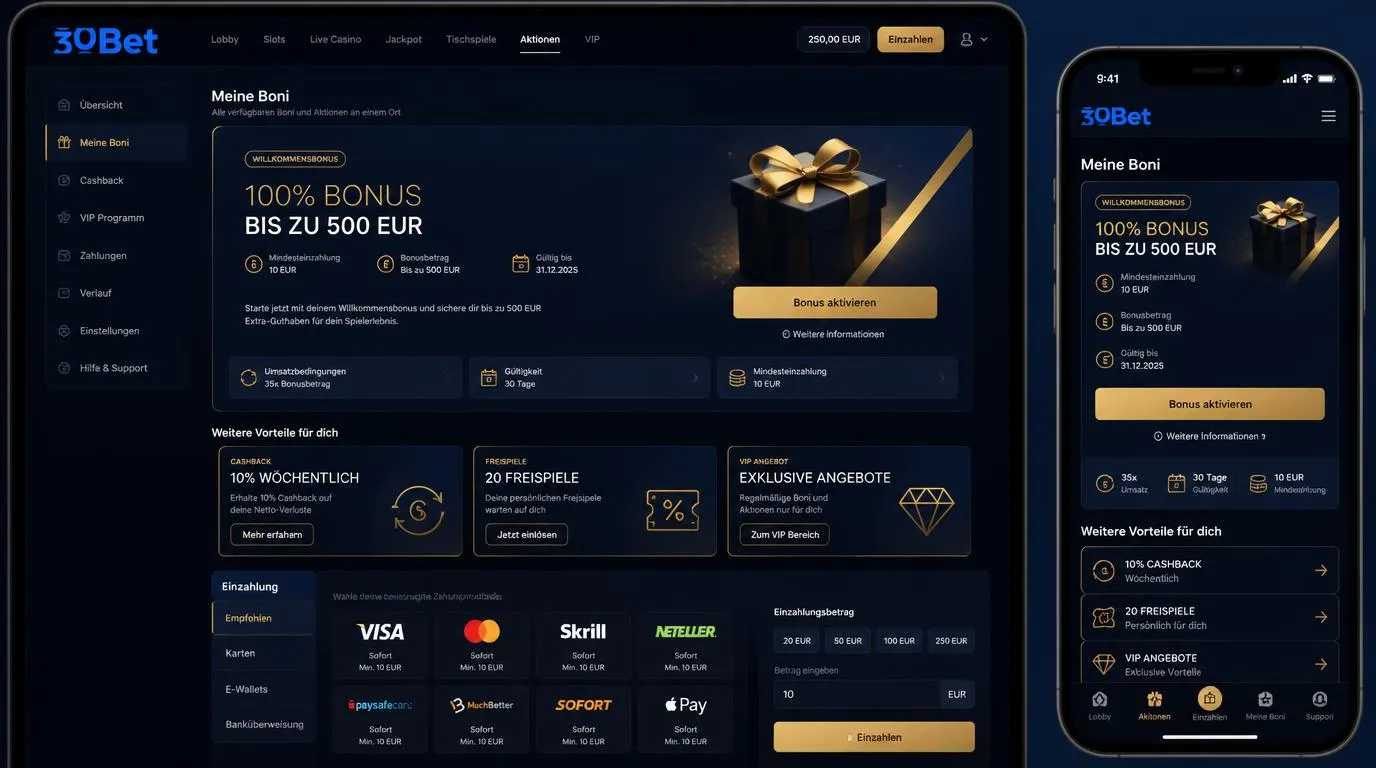 Casino-Bonusbereich mit 100 Prozent Willkommensbonus bis 500 Euro und Mindesteinzahlung von 10 Euro