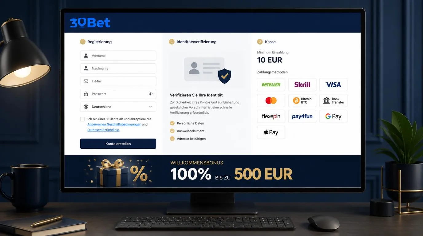 Casino-Kontoerstellung mit KYC-Hinweis, Kassenbereich und Auswahl verschiedener Zahlungsarten
