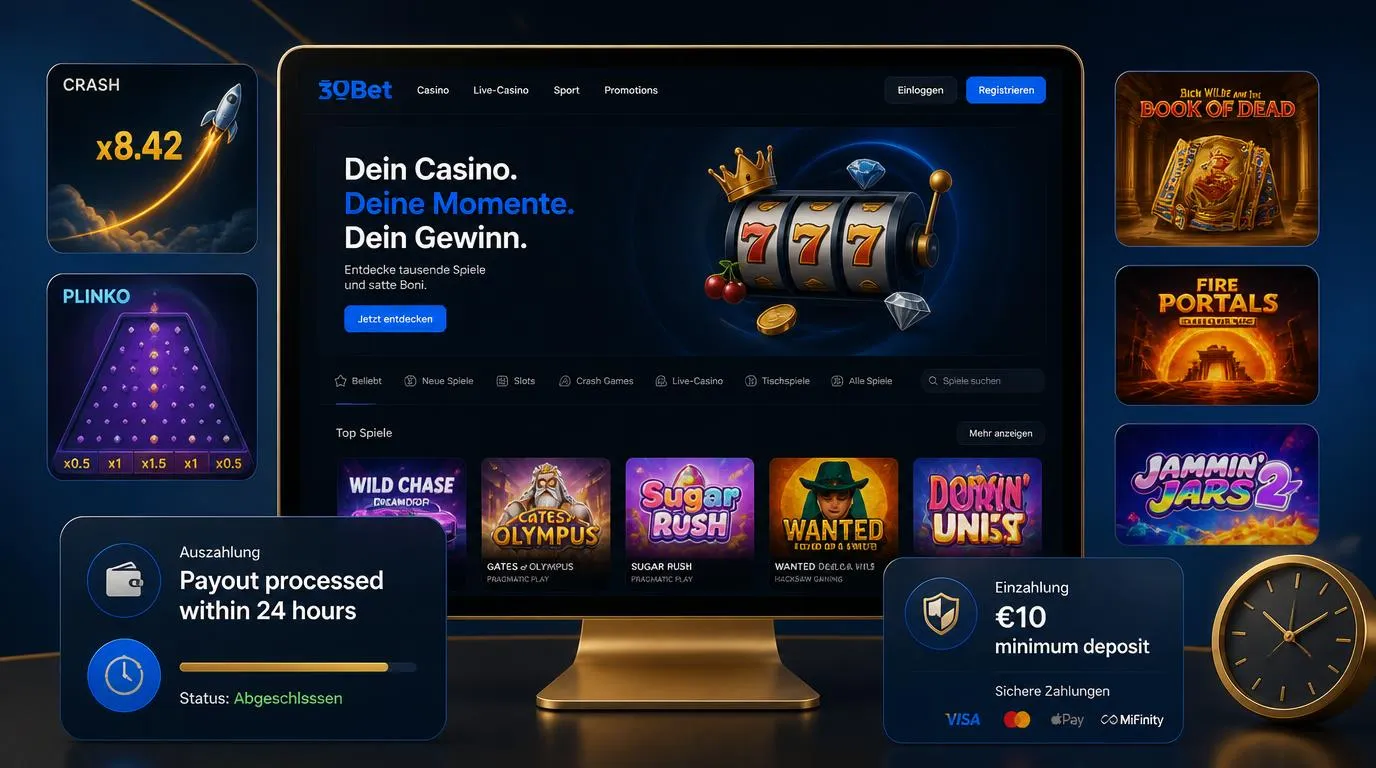 Casino-Oberfläche mit schneller Auszahlung, 10-Euro-Einstieg und Auswahl moderner Spielautomaten
