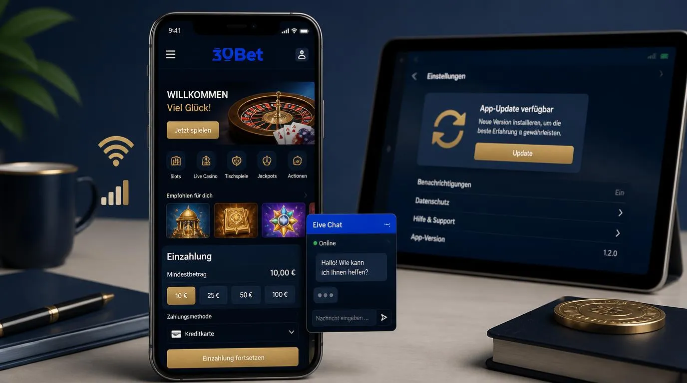 Smartphone mit Casino-App, Live-Chat und Hinweis zur Prüfung einer mobilen Zahlung