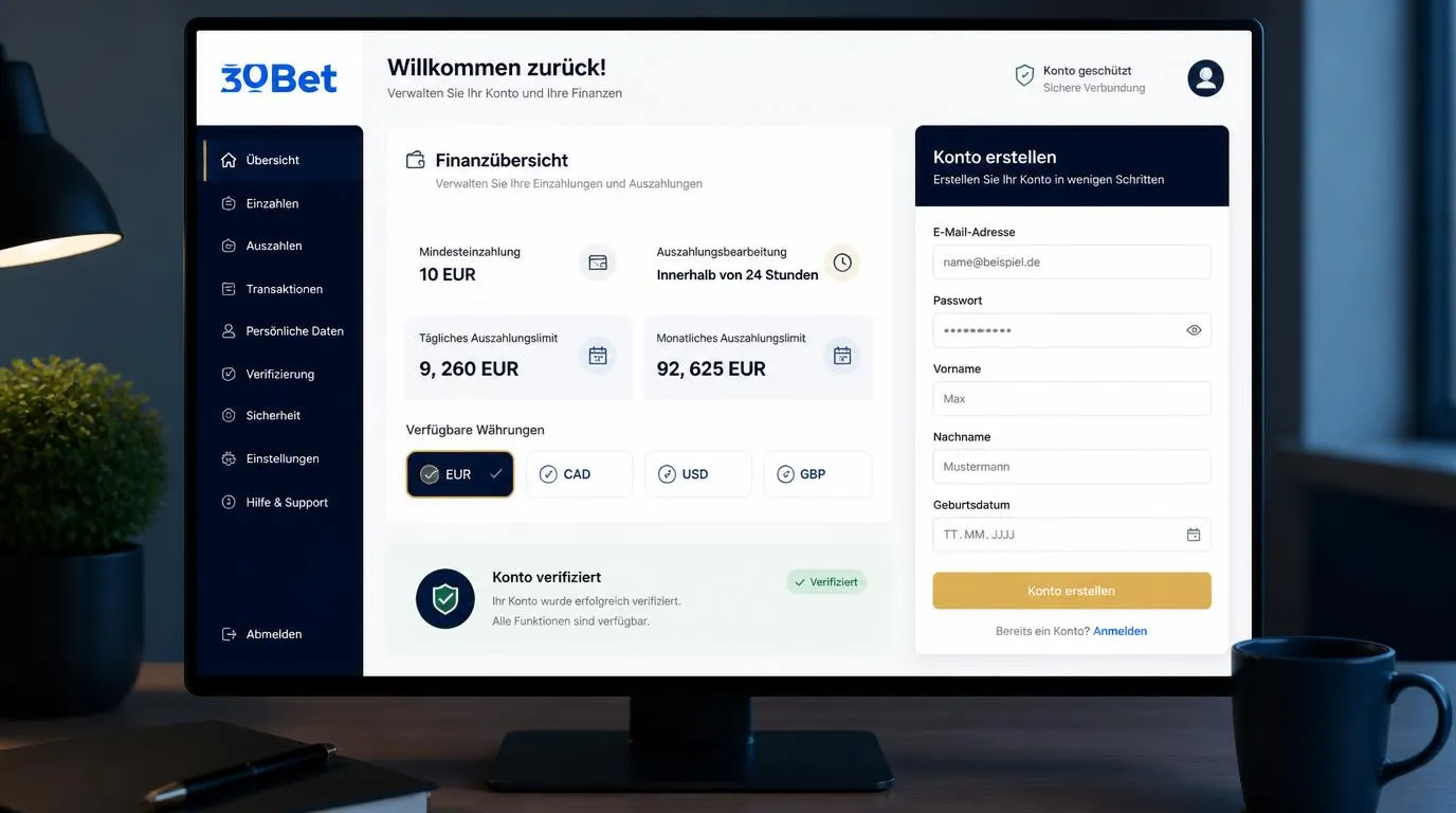 Übersicht eines Casino-Kontos mit Mindesteinzahlung, Auszahlungszeit und täglichen Auszahlungslimits