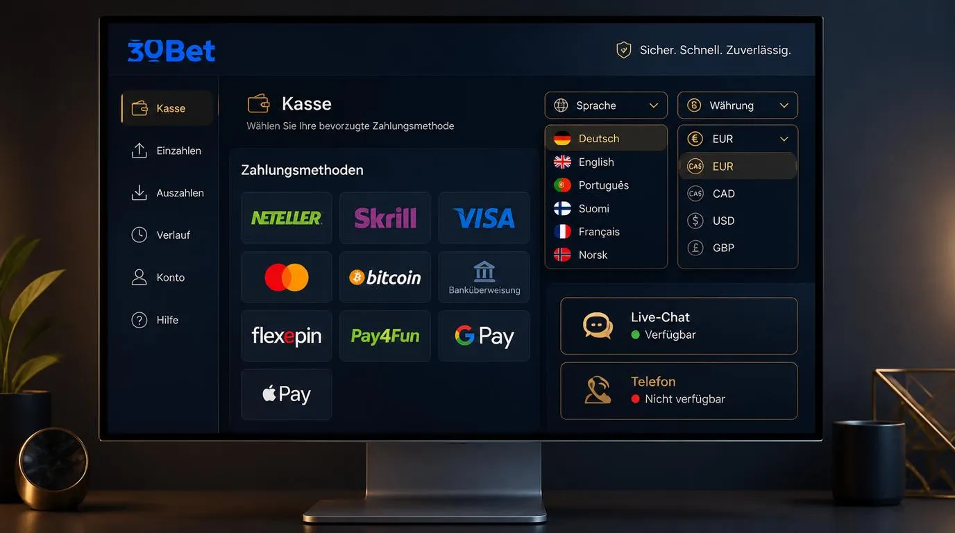 Kassenbereich eines Online-Casinos mit Sprachauswahl, Währungsoptionen und digitalen Zahlungsarten