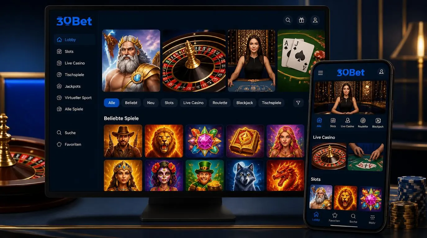Casino-Spielelobby mit Slots, Roulette, Blackjack und Live-Dealer-Tisch auf modernen Bildschirmen