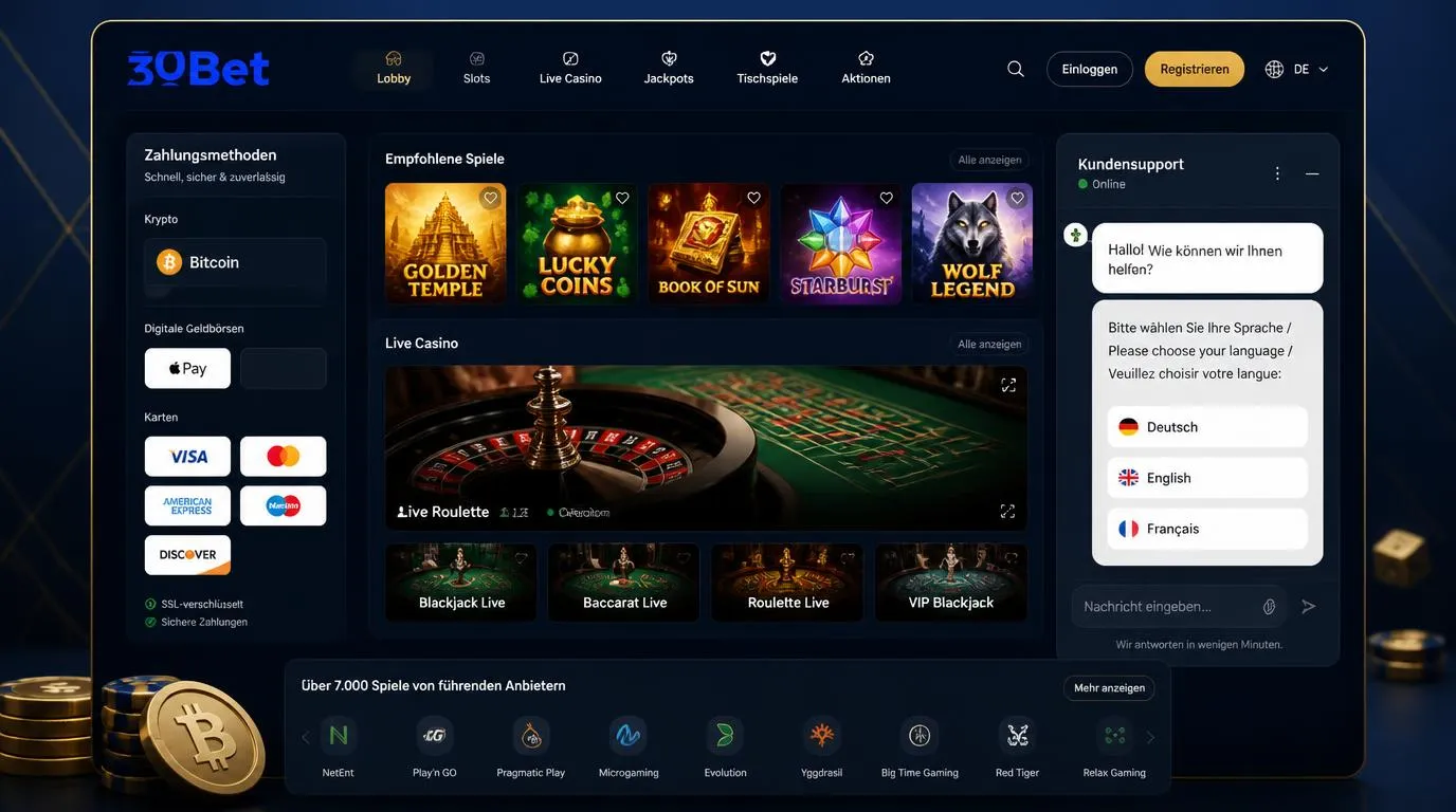Casino-Oberfläche mit Zahlungsoptionen, Spielkategorien und mehrsprachigem Kundensupport